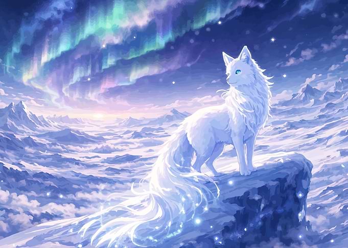 White Fox Under Aurora Borealis