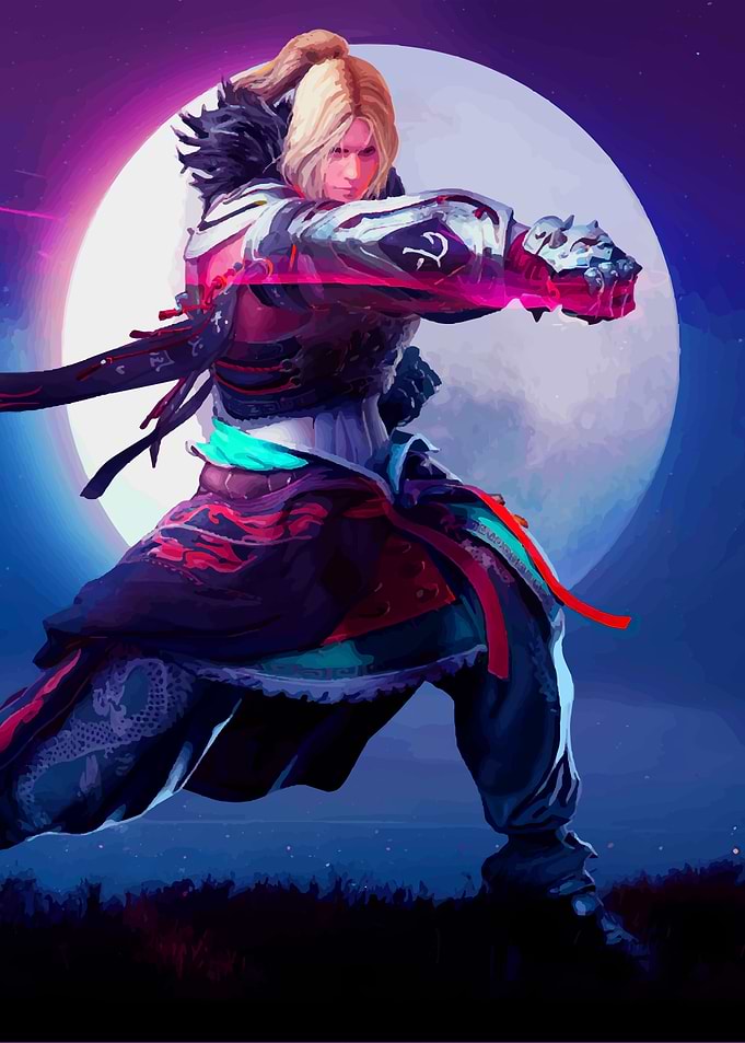 Warrior striking a pose under the moon