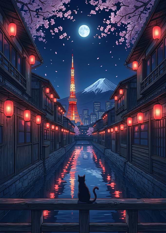 Cat watching Tokyo at night