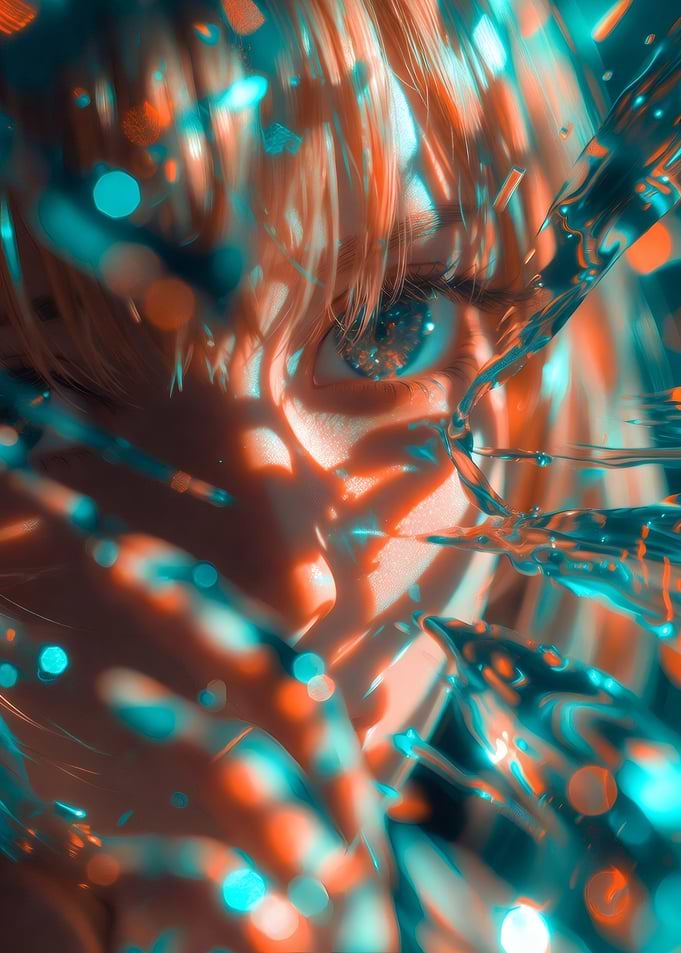 Close-up of an anime-style eye with water effects