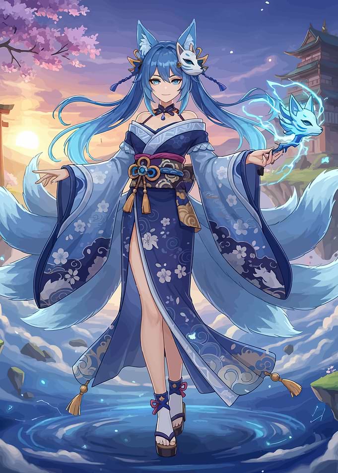 Blue Fox Spirit in Kimono