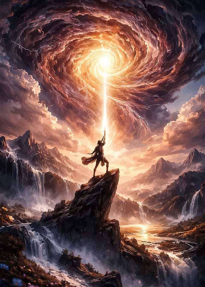 Warrior summoning celestial energy
