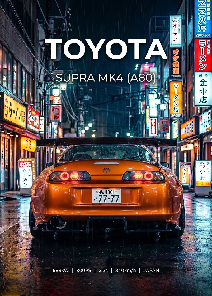 orange Toyota Supra MK4 in Rainy Tokyo Street