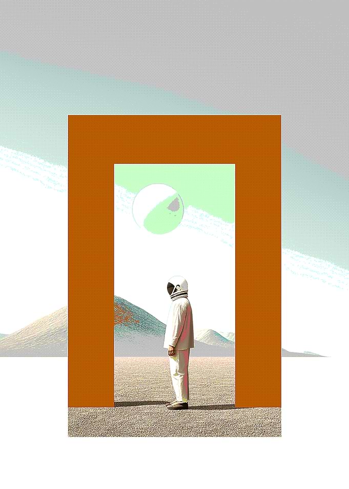 Astronaut in a surreal desert landscape