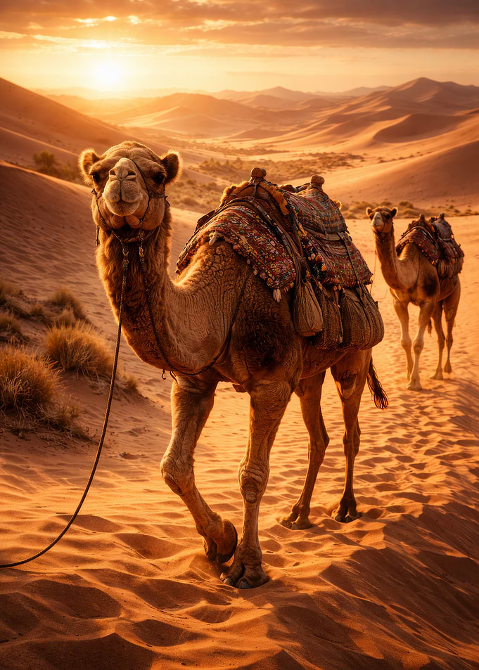 Camels in the Desert at Sunset