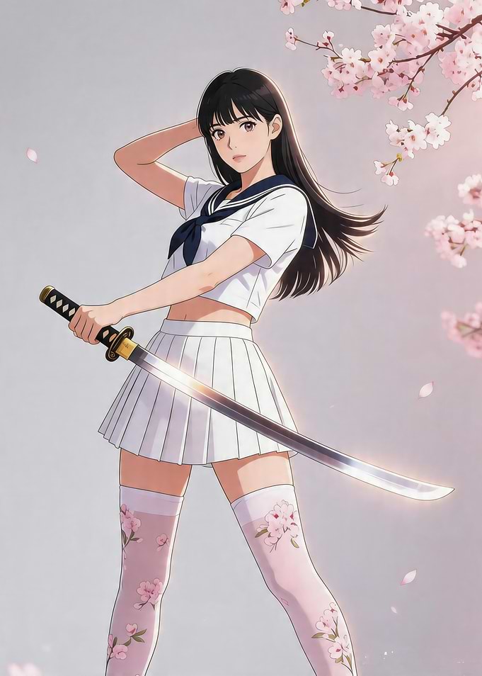 Anime Girl with Katana and Cherry Blossoms