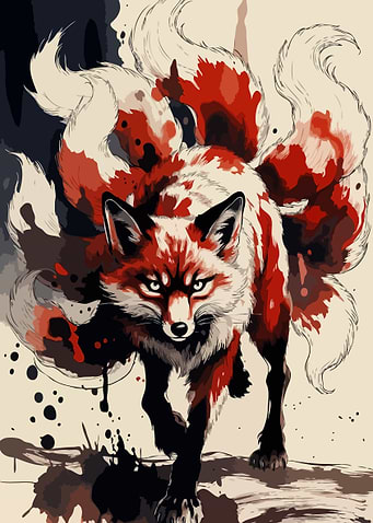 Nine-Tailed Fox with Red and White Fur