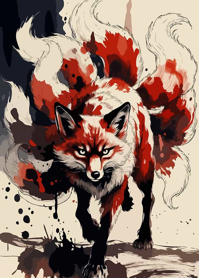 Nine-Tailed Fox with Red and White Fur