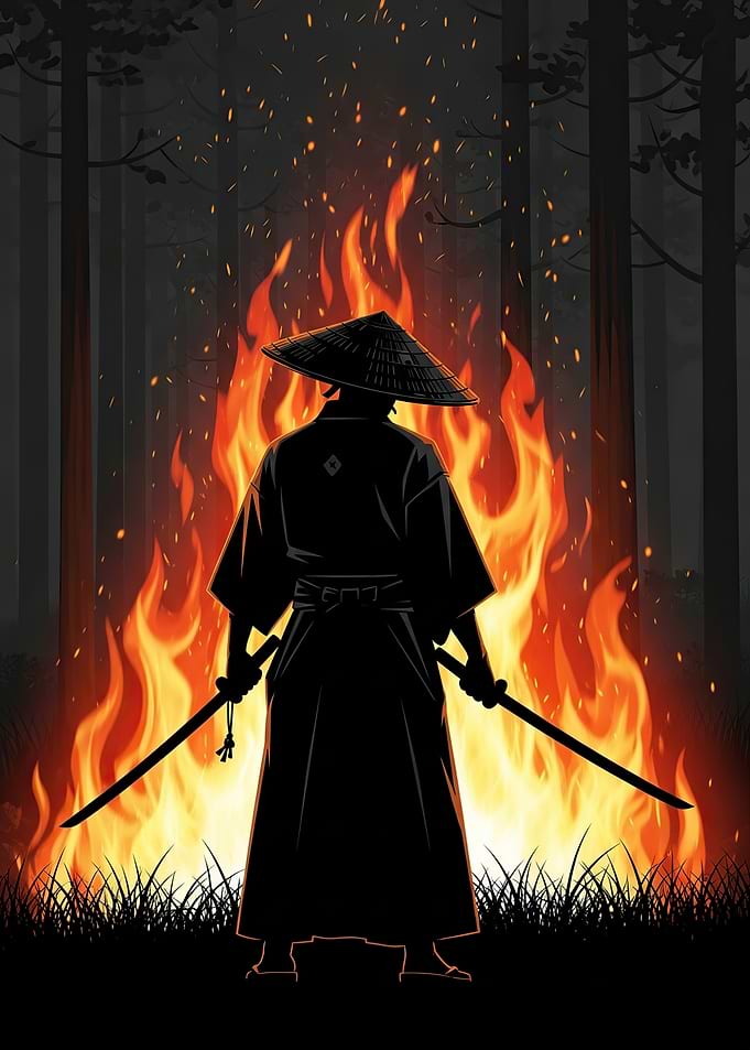 Samurai in front of a forest fire