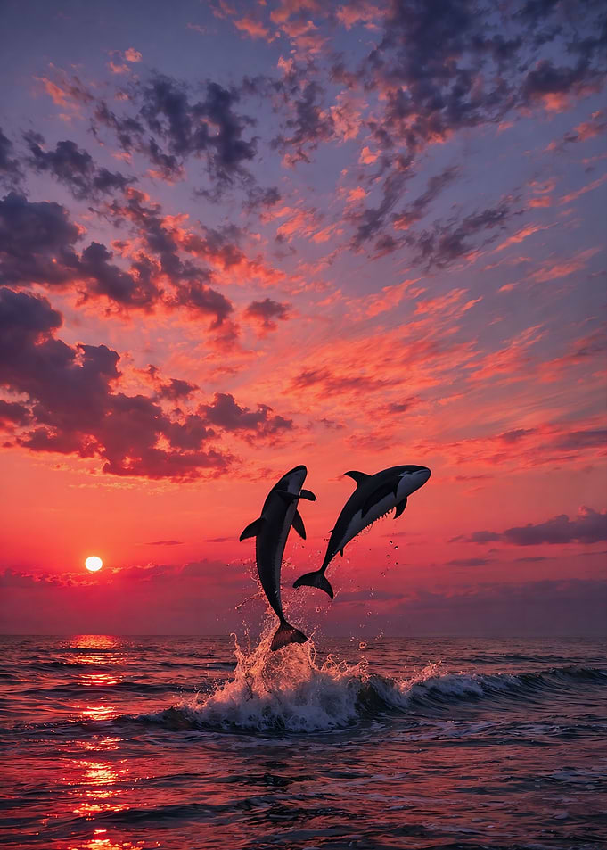 Dolphins leaping at sunset
