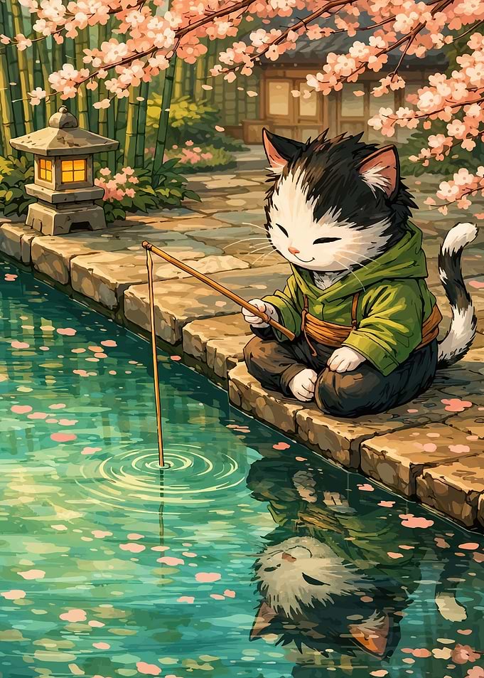 Cat fishing by a pond