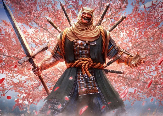 Samurai Warrior with Red Mask and Swords
