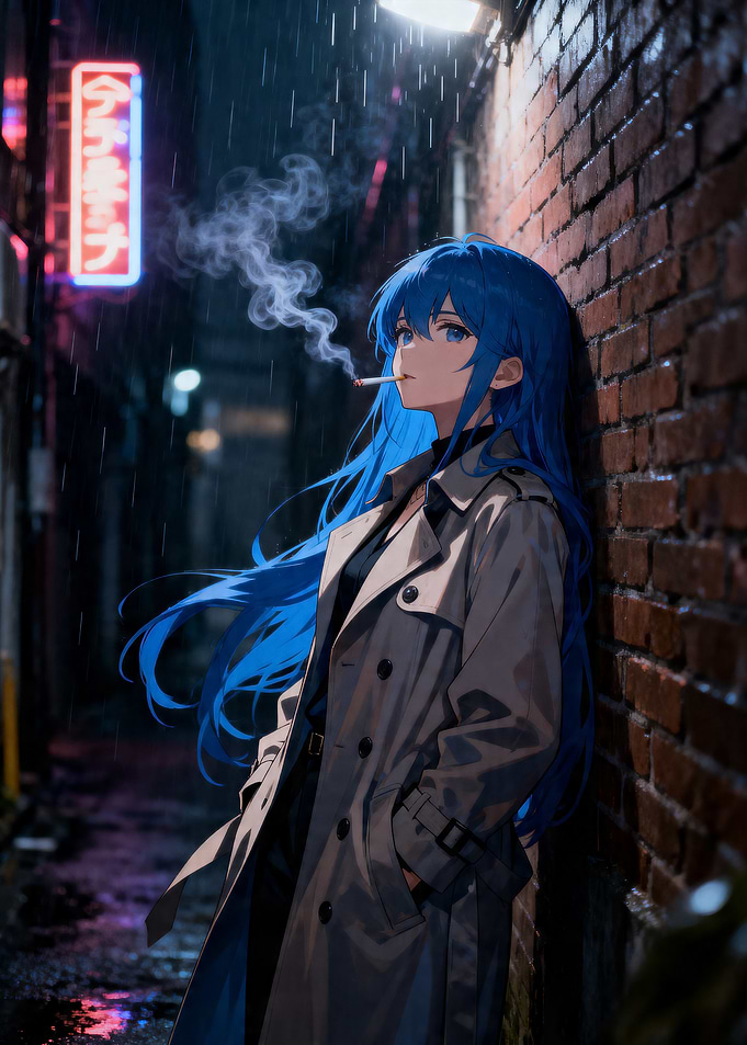 Anime Girl Smoking in Rainy Alley