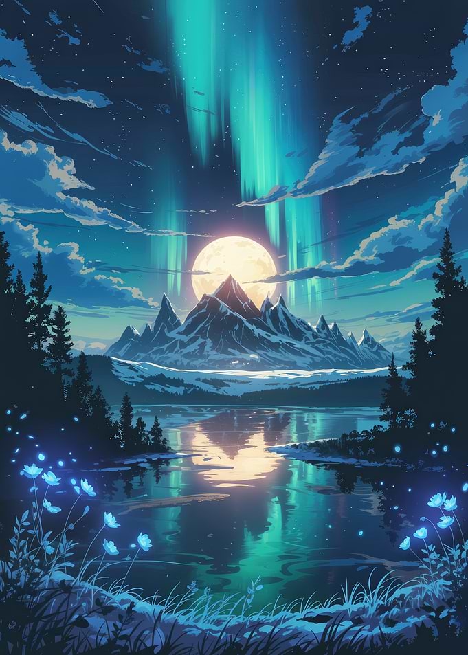 Aurora Borealis over Snowy Mountains