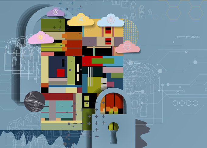 Abstract Digital Art with Cloud and Lock Motifs
