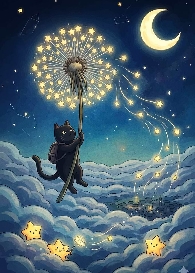 Black Cat Riding a Star Dandelion