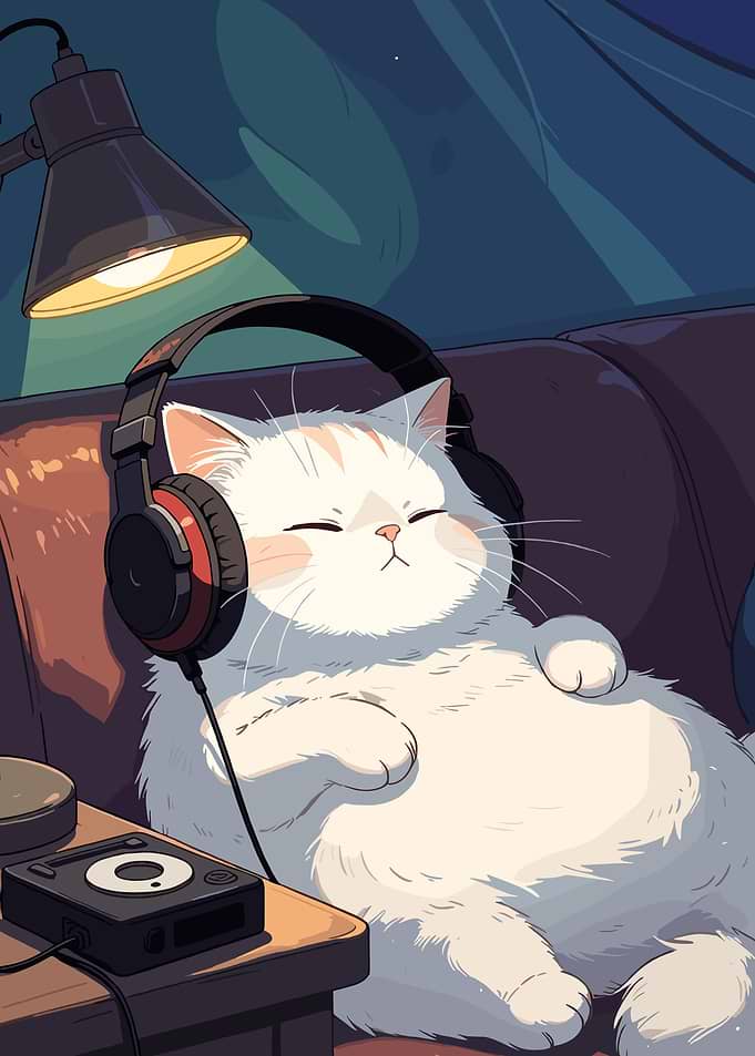 Cat listening to music with headphones