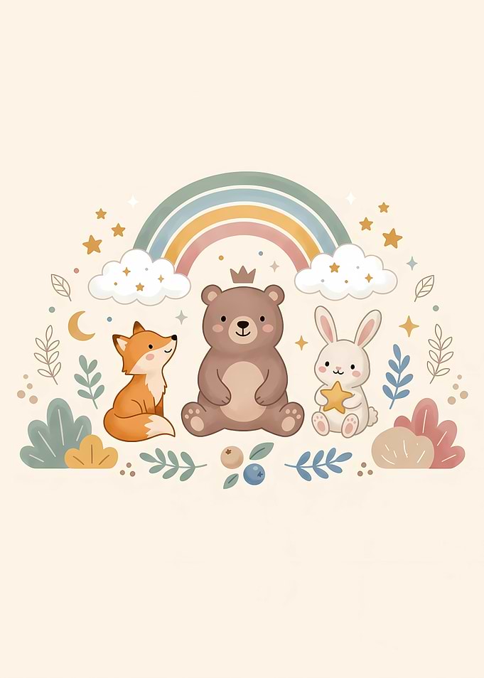Cute Woodland Animals Under a Rainbow