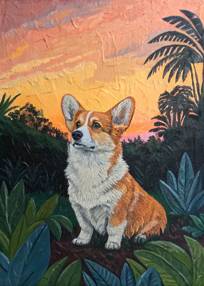 Corgi in a Tropical Sunset