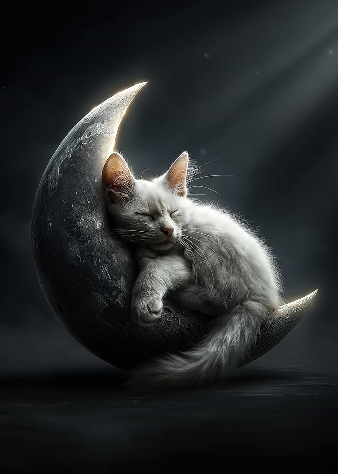 White Cat Sleeping on the Moon