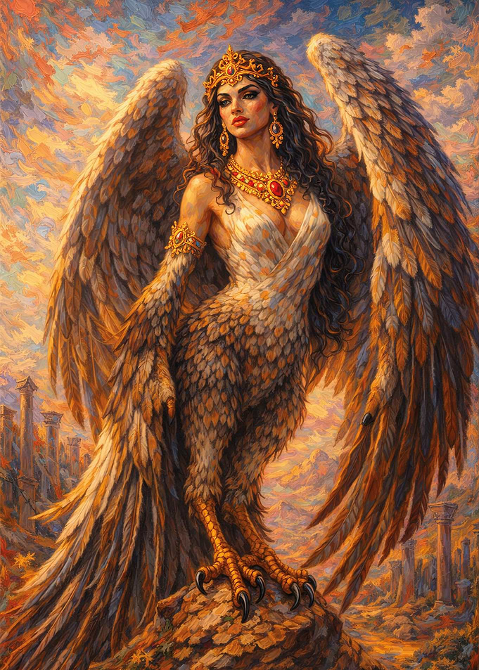 Mythical harpy in Ancient Ruins