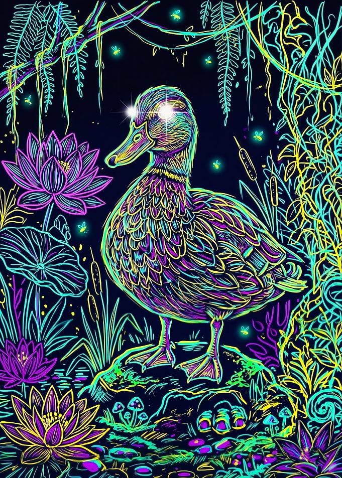 Vibrant Neon Duck Lotus Pond