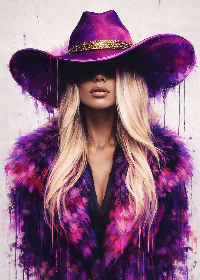 Woman in purple cowboy hat and fur coat