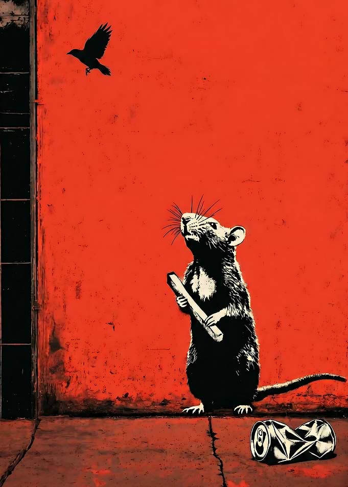Street Rat with Fries - Red Stencil Urban Art