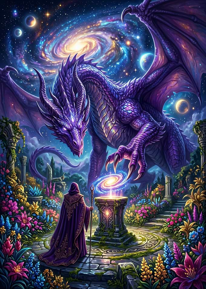 Dragon and Wizard in Cosmic Garden