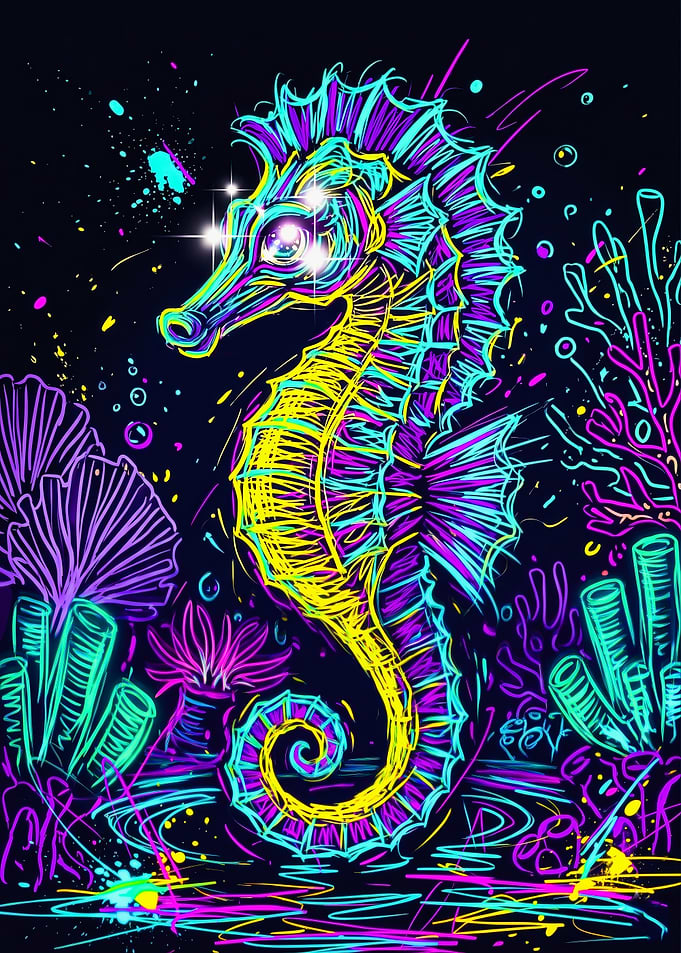 Vibrant Neon Seahorse Graffiti