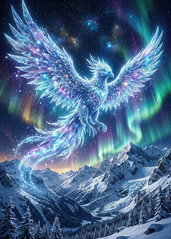 Ice Phoenix in Aurora Sky