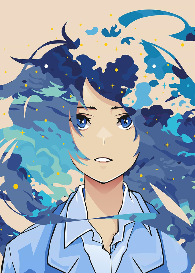 Anime Girl with Blue Water Hair
