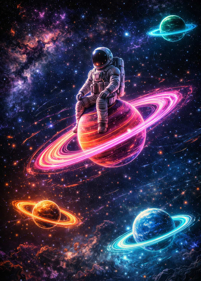 Astronaut sitting on a planet in space