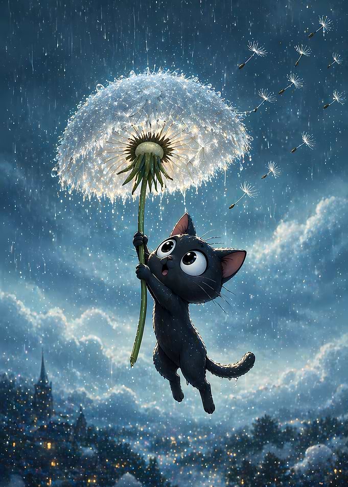 Black Cat Flying on Dandelion
