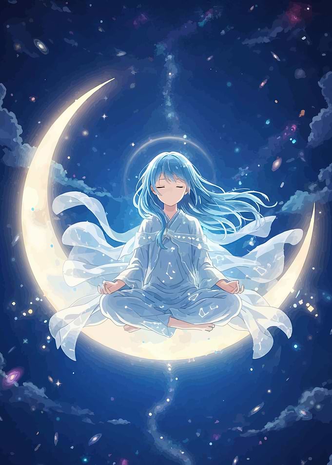 Girl meditating on a crescent moon in space