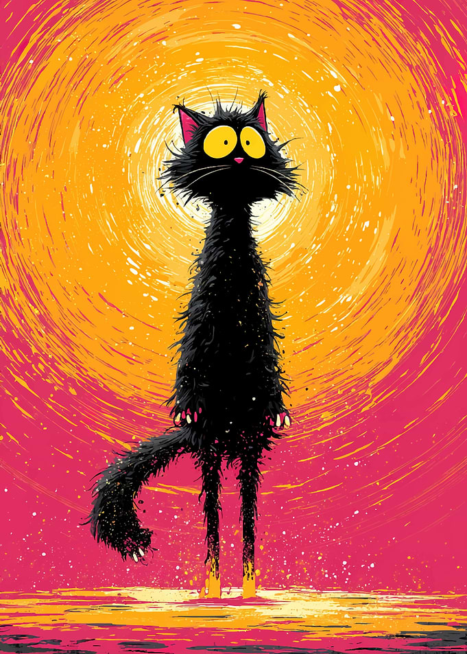 Scruffy Black Cat with Big Yellow Eyes