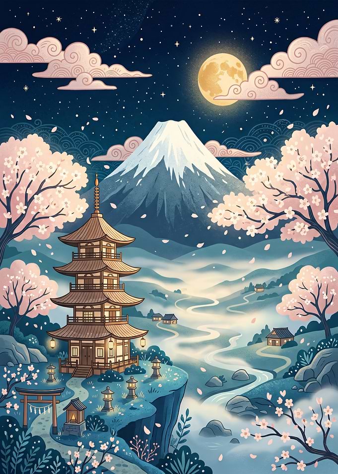 Serene Japanese Landscape with Pagoda and Cherry Blossoms