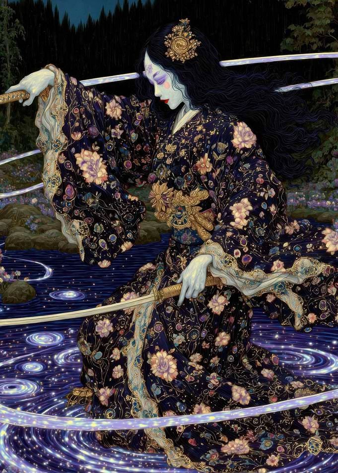 Samurai Woman in Floral Kimono