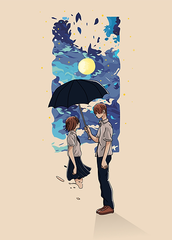 Couple Sharing Umbrella Under Moonlit Sky