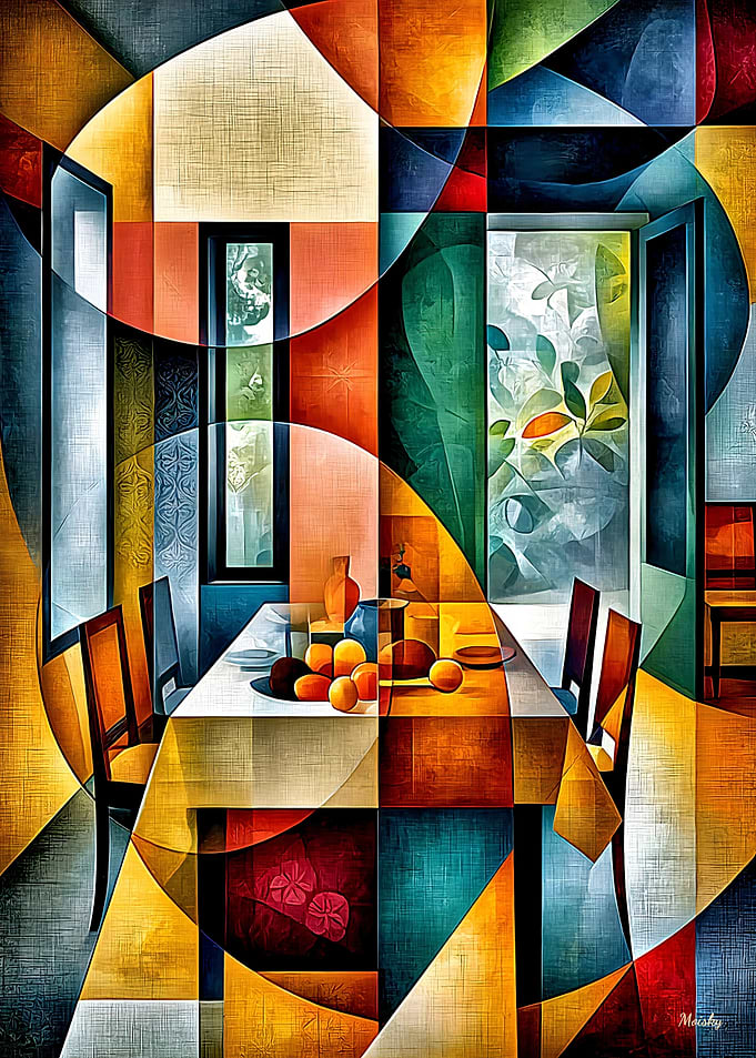 Cubist Dining Room – Modern Geometric Interior Poster