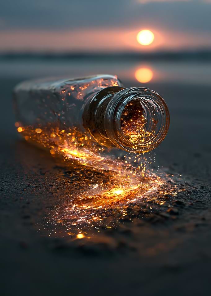 Glittering Bottle on Beach at Sunset