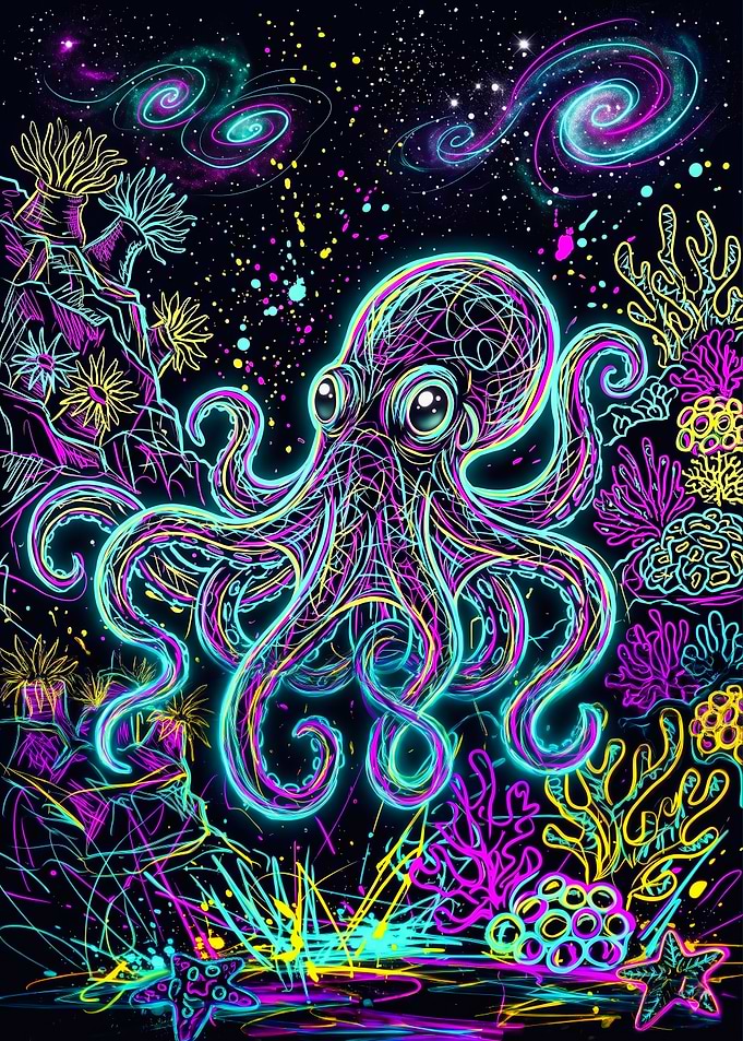 Vibrant Neon Octopus Cosmic Reef