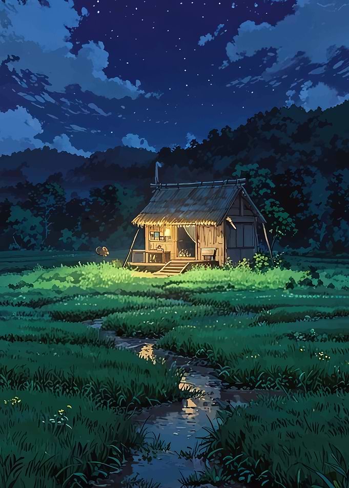 Cozy Cabin in a Starry Night Field