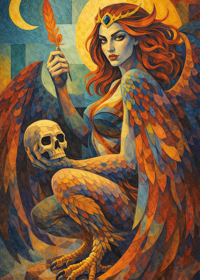Griffin Mythical Winged Woman with Skull