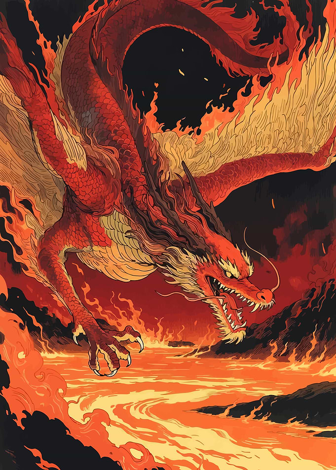 Fiery Red Dragon Over Lava
