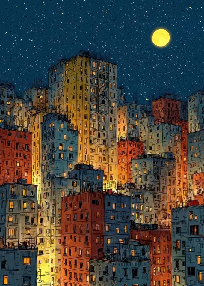 Cityscape at Night with Moon