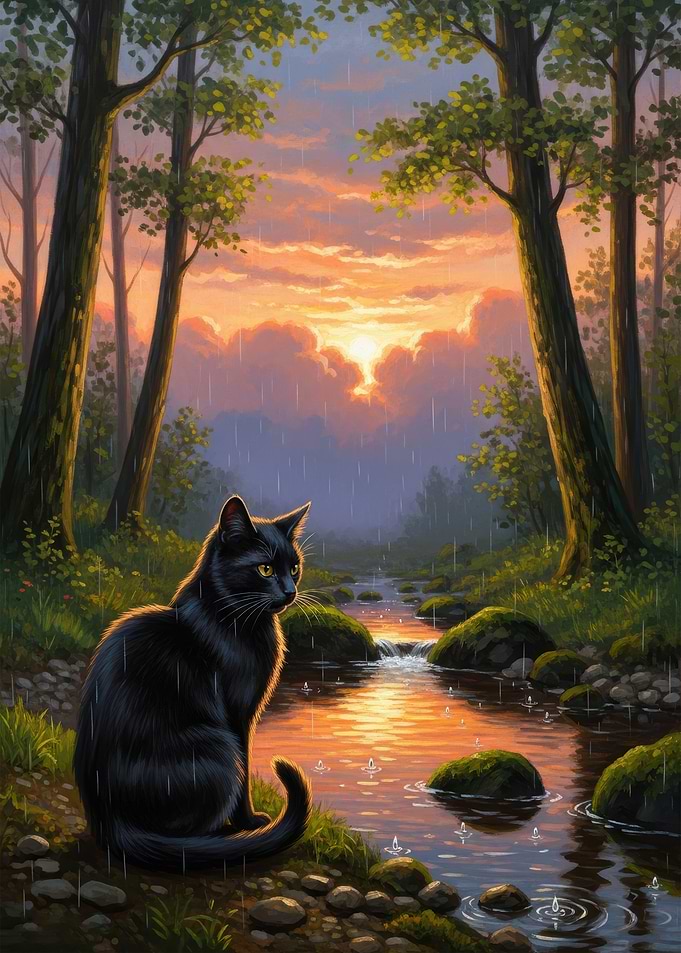 Black Cat by a Stream at Sunset
