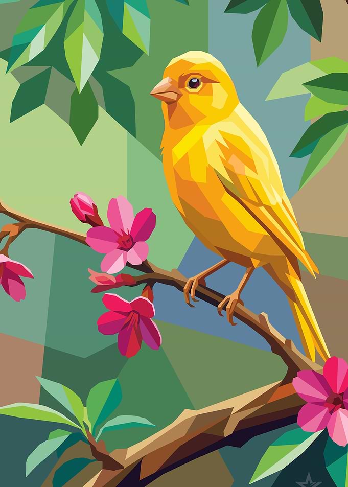 Yellow Canary on a Branch with Flowers