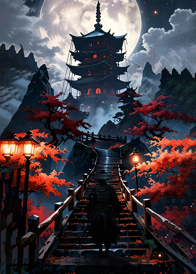 Mysterious Figure Ascends Pagoda Stairs