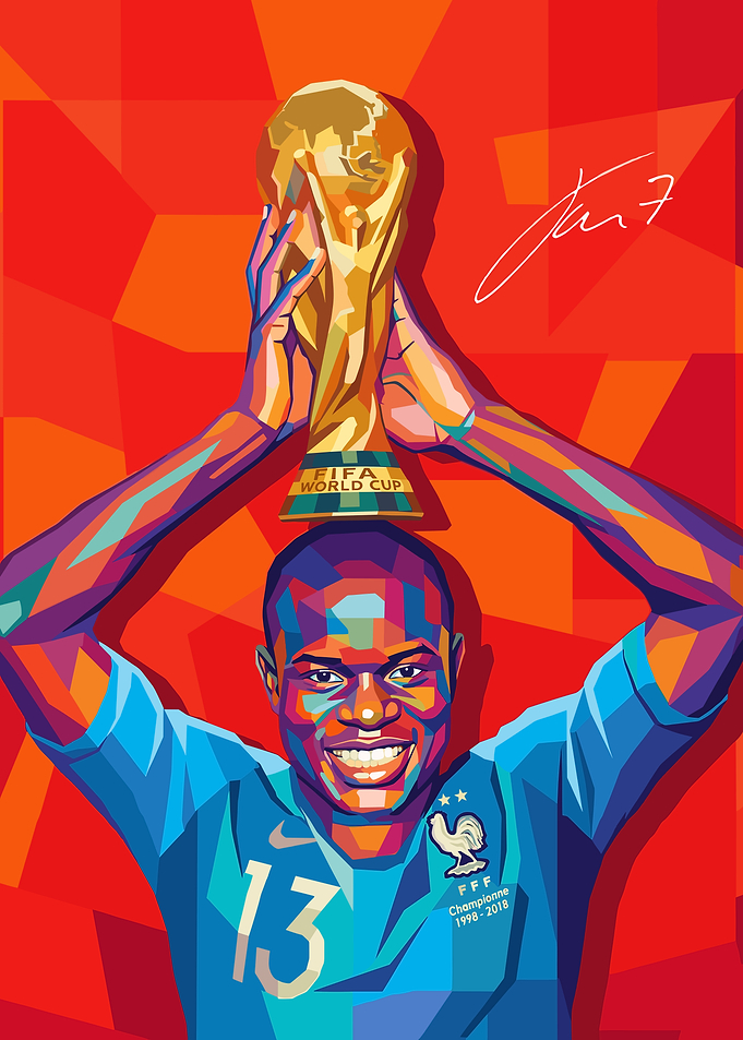 Footballer N'Golo Kante holding World Cup trophy
